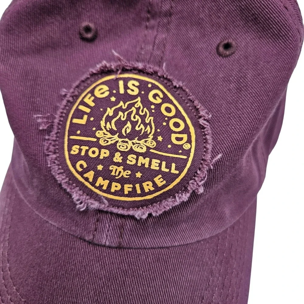 Life Is Good Cotton Baseball Cap With Quote Stop & Smell The Campfire Burgundy A - Picture 2 of 12